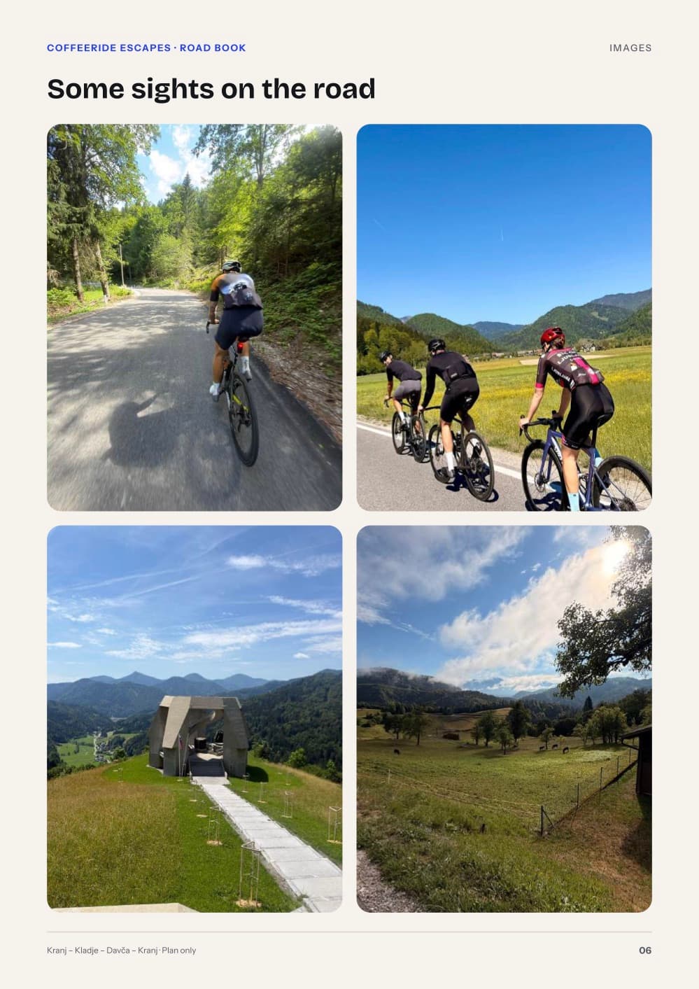 Photo page with riders on the road and views along the Kladje–Davča route