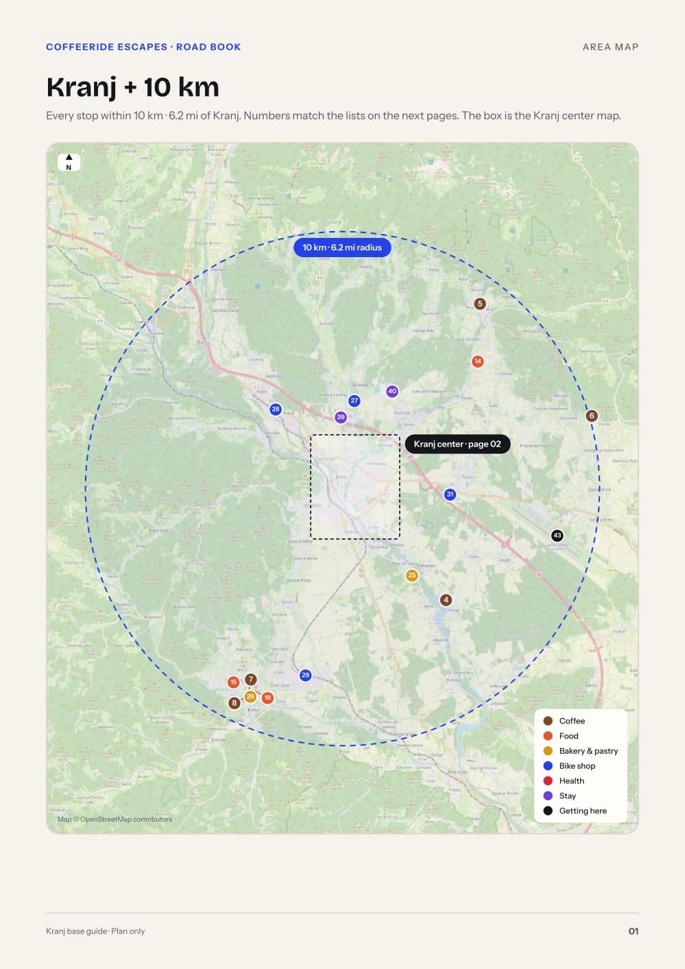 Kranj base guide map with every café, food stop, bike shop and stay within 6 miles (10 km)
